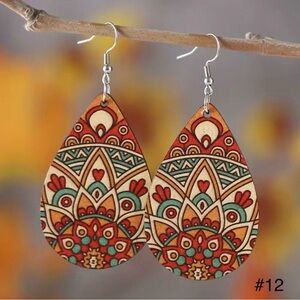 #12 | Wooden Painted Mandala Teardrop Shape Dangle Earrings